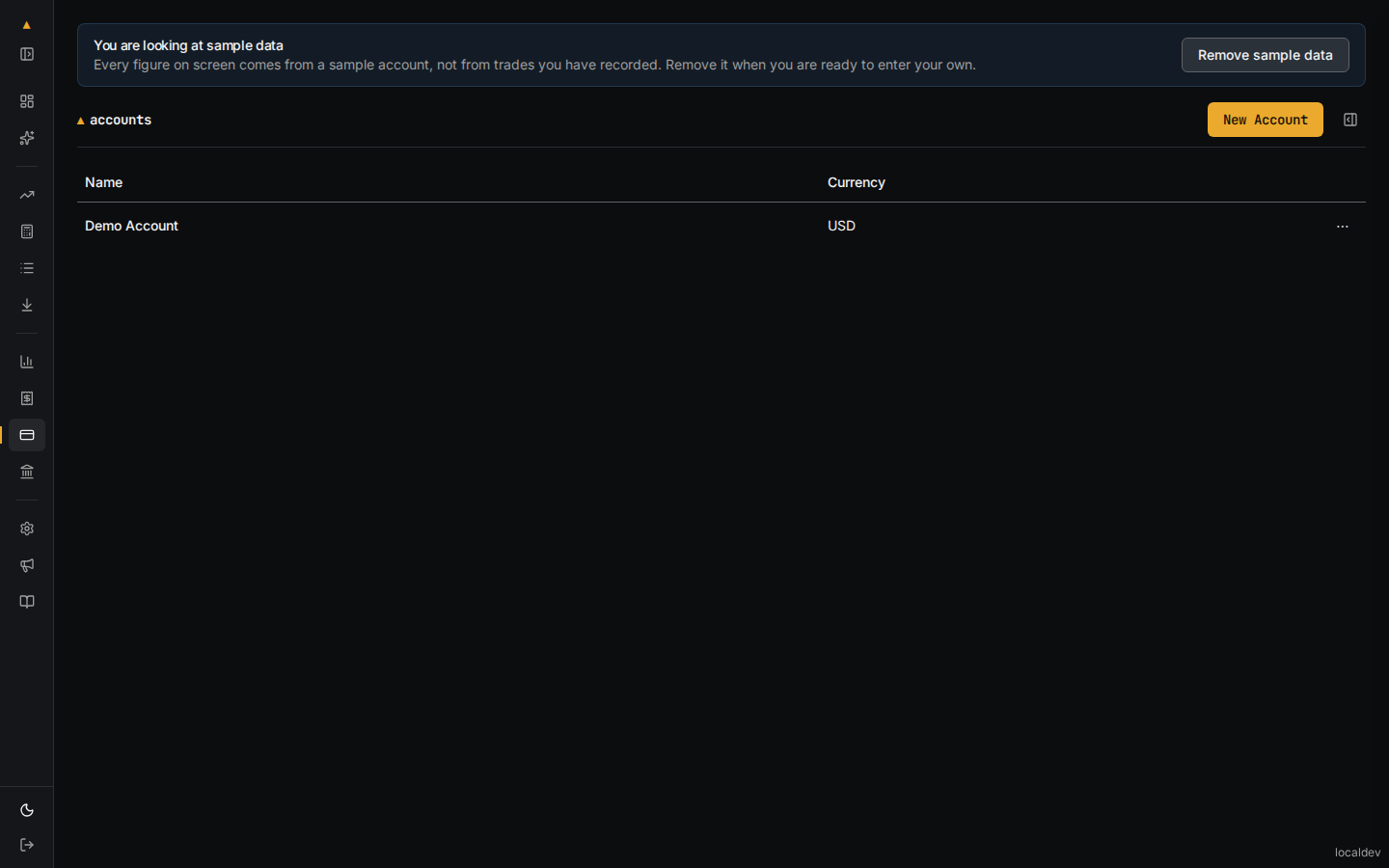 The Accounts page, listing one account under a Name column and a Currency column, with an unlabelled third column holding a row menu. A banner above it marks the figures on screen as sample data.